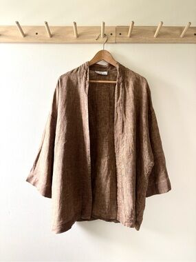 Jax Relaxed Open-Front Linen Jacket in Warm Brown